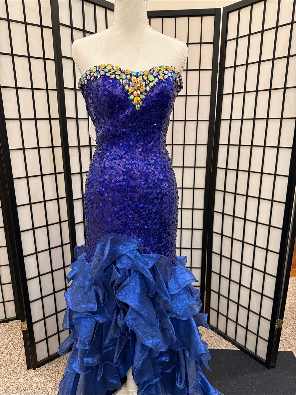 Strapless Royal Blue Sequin Mermaid Dress with Beaded Sweetheart Neckline